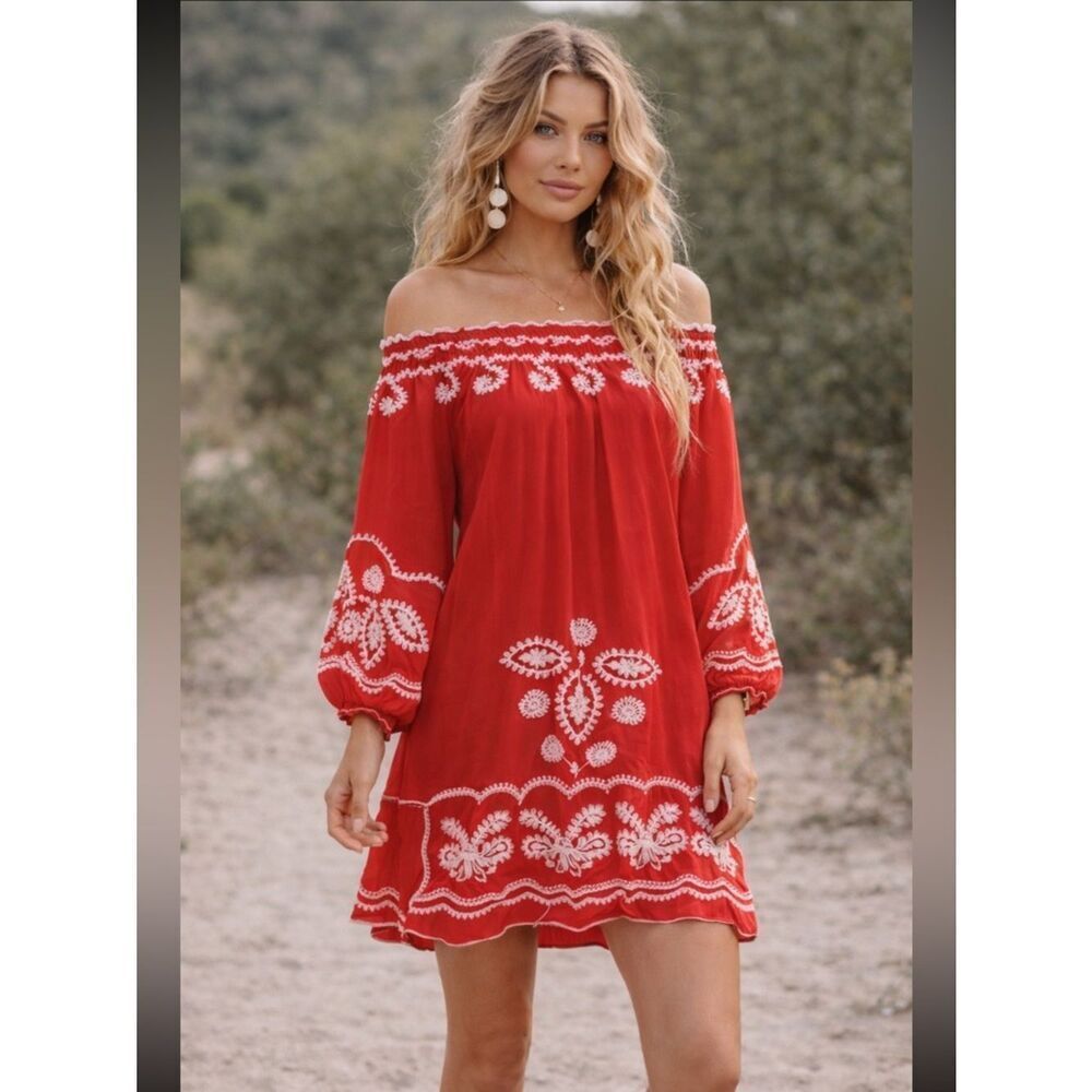 Sundance Off the Shoulder Boho Chic Embroidered Mini Dress in Red and White